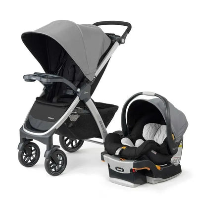 Chicco Bravo Trio Travel System in Camden color featuring a stroller with a gray canopy and an infant car seat.