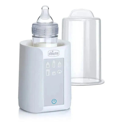 Chicco Digital Bottle Warmer & Sterilizer with a baby bottle and transparent lid.