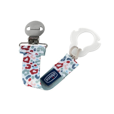 Chicco multicolor feeding pacifier clip featuring a secure metal clip, decorative printed fabric, and silicone loop for attachment.