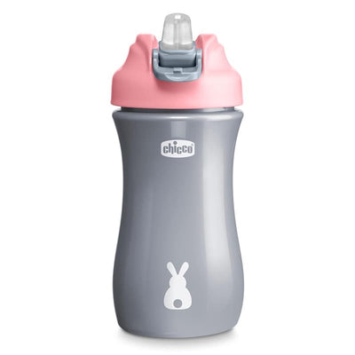 Chicco Soft Spout Tumbler 12Oz, pink lid, gray body, featuring a bunny design, suitable for ages 18 months and up.