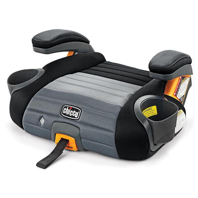 Backless booster car seat by Chicco in obsidian/black, featuring padded seat, side armrests, and dual cup holders.