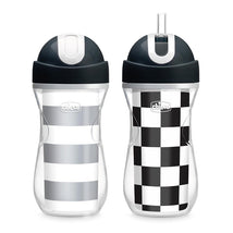Chicco Insulated Straw Sippy Cup 12+ Months, 9oz, featuring a spill-free flip-top lid, black and white checkered design.