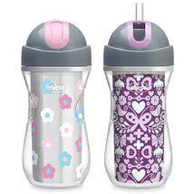 Chicco Insulated Straw Sippy Cups in floral and purple designs, featuring a spill-free flip-top lid and BPA-free material, 9oz.