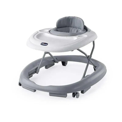 Chicco Mod Walker Infant Walker in grey with a padded seat, built-in trays, and wheels for mobility.