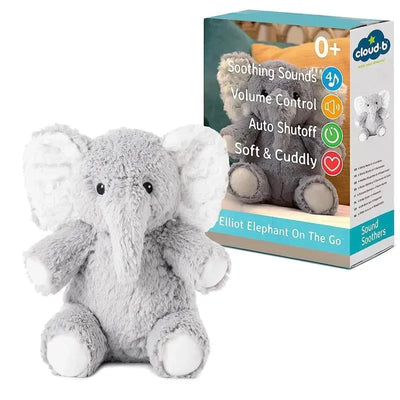Soft gray plush elephant named Elliot, accompanied by a colorful box featuring soothing sounds and volume control.