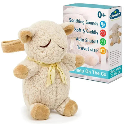 Travel Soothing Sound Machine featuring a cuddly sheep with a yellow ribbon, next to its colorful packaging.