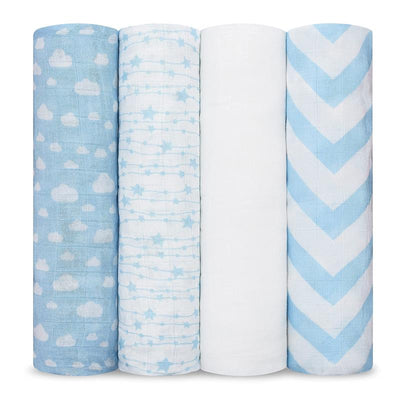 Four blue muslin swaddle blankets rolled, featuring cloud, star, solid white, and chevron patterns.