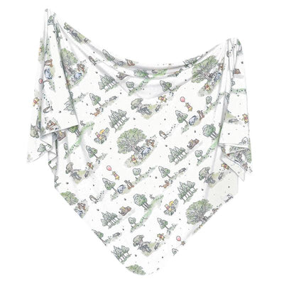 Premium knit baby swaddle blanket featuring Hundred Acre Wood character illustrations on a white background.