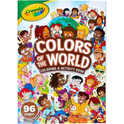 Crayola Colors Of The World coloring and activity book cover featuring diverse children celebrating together, 96 pages with sticker sheets.