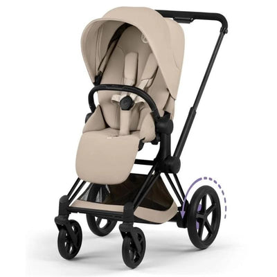 Cybex E-Priam stroller featuring a matte black frame and cozy beige lux seat, with visible wheels and spacious storage below.