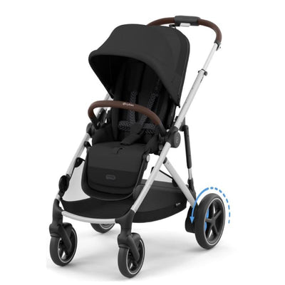 Cybex Egazelle S Electronic Assist Stroller in silver with a moon black seat, featuring a stylish design and maneuverable wheels.