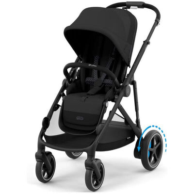 Cybex Egazelle S stroller in black frame with moon black seat, featuring adjustable canopy and front swivel wheel.
