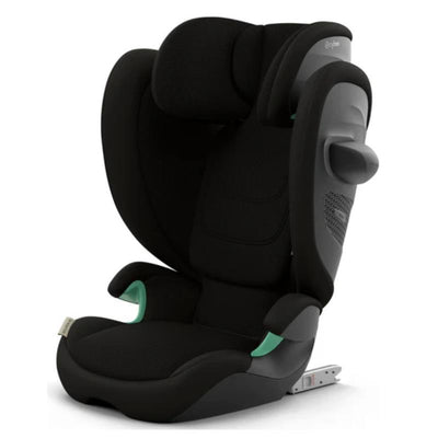 Cybex Solution G2 folding travel high-back booster seat in Moon Black with adjustable headrest and armrests.