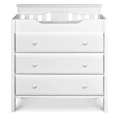 White three-drawer changer dresser by Million Dollar Baby - DaVinci with a changing table on top and round knobs.