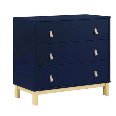 Navy and natural three-drawer dresser with leather pulls, designed for baby storage by Delta Children.