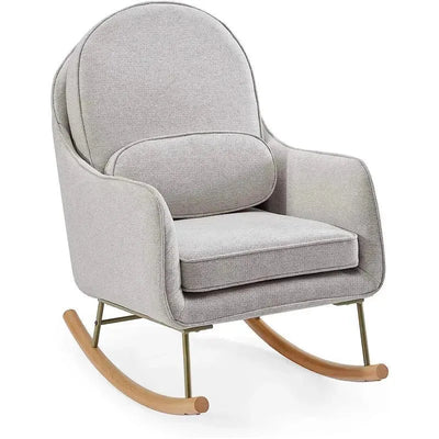 Rocker chair in limestone grey with rounded back, padded seat, and wooden rockers, designed for comfort and style.