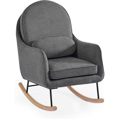 Delta Ella Rocker features a modern design with gray Livesmart Evolve fabric and a wooden rocking base.