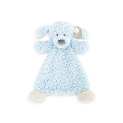 Soft blue dog rattle blankie featuring floppy ears and a textured body, ideal for comforting babies.