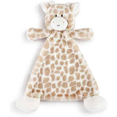 Soft giraffe-themed rattle blankie with a plush head, arms, and a patterned blanket body for infants.