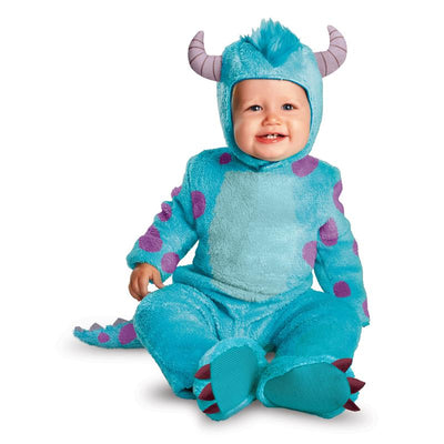 Infant costume resembling Sulley from Monsters University, featuring blue fur, purple spots, and horn details, with a smiling child.