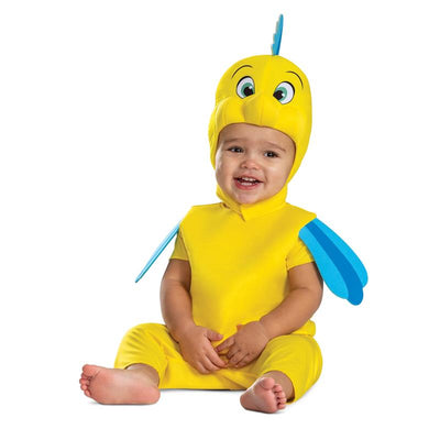 Yellow Flounder costume with a hood, featuring large eyes and fins, worn by a smiling toddler sitting down.