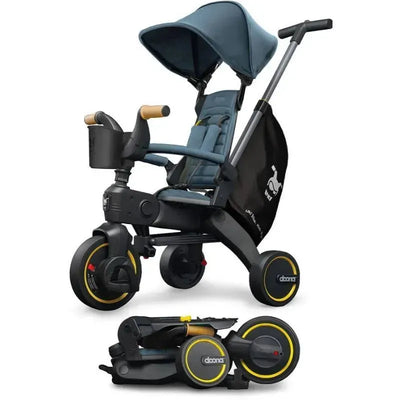 Doona Liki Trike S5 in Ocean Blue, featuring a canopy, adjustable seat, and folding design for easy transport.