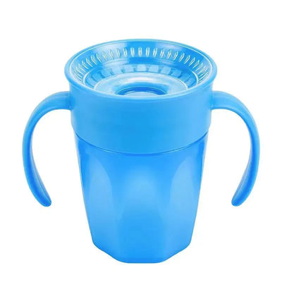 Spoutless training cup in blue, featuring a lid with a circular opening and two ergonomic handles for easy gripping.