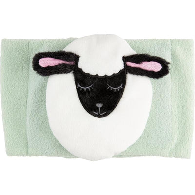 Soft mint green infant gripe belt featuring a black and white sheep design with pink accents and closed eyes.