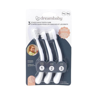 Dreambaby 3 Stage Baby Gum & Tooth Care Set includes three white toothbrushes for different dental care stages, featuring a smiling child on the packaging.