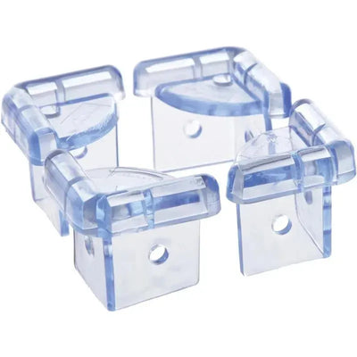 Clear corner cushions designed to prevent injuries by covering sharp furniture edges.