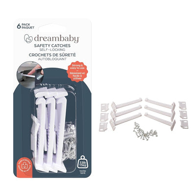 Dreambaby Safety Catches - 6 Pack featuring self-locking features and installation screws for childproofing.