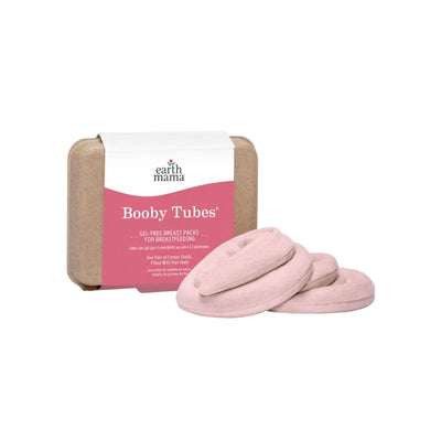 Booby Tubes by Earth Mama, gel-free breast packs for breastfeeding, with a pink cotton cover and a packaged box.