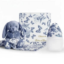Elhee Baby Bottle & Comforter Set in blue, featuring a plush bunny and a floral print comforter with a matching baby bottle.