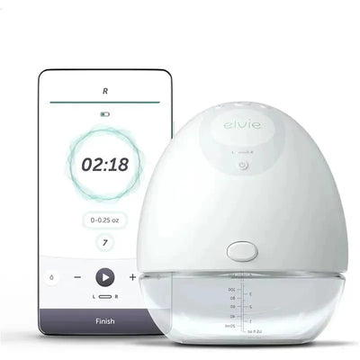 Elvie single smart wearable electric breast pump with a companion app displaying timer and milk measurement.