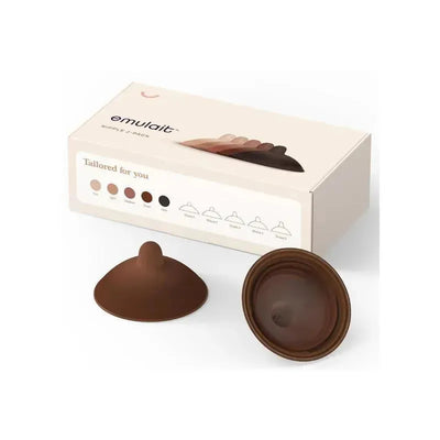 Baby nipple set from Emulait featuring two deep brown nipples and a box displaying color options including Light, Medium, and Dark.