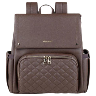 Brown Luna Diaper Bag by Enya Mond, featuring a quilted front pocket and gold-tone zippers.