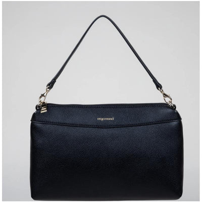 Onyx-colored Enya Mond Nova Bag featuring a subtle textured surface and a shoulder strap, with a gold logo.