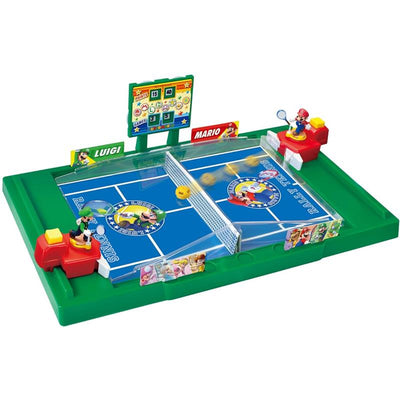 Epoch - Super Mario Rally Tennis tabletop game featuring Mario and Luigi with tennis court, scoreboard, and tennis balls.