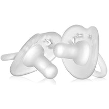 Two clear cylindrical pacifiers from Evenflo Feeding, designed for infants 0 to 6 months, showcasing a soft nipple and handle.