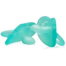 Two aqua-colored orthodontic pacifiers for infants aged 6 months and older, featuring soft, curved designs.