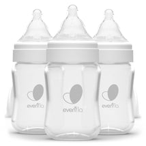 Evenflo Feeding 3-pack of 6 oz glass wide bottles with transparent design and white caps, featuring the Evenflo logo.