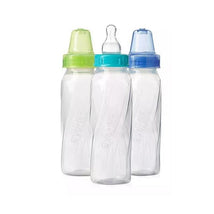 Three Evenflo 8 oz clear plastic baby bottles with colorful caps: green, blue, and clear.