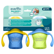 Evenflo Feeding 5 oz Balance Sippy Cups, 2-pack for babies 6 months and older, featuring blue and green cups with soft spouts.