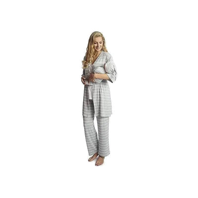 Maternity and nursing PJ pant set in heather grey with a model, featuring a relaxed-fit top and matching pants.