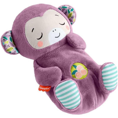 Purple monkey plush toy with a smiling face, patterned ears, and striped feet; designed as a portable sound machine for soothing babies.