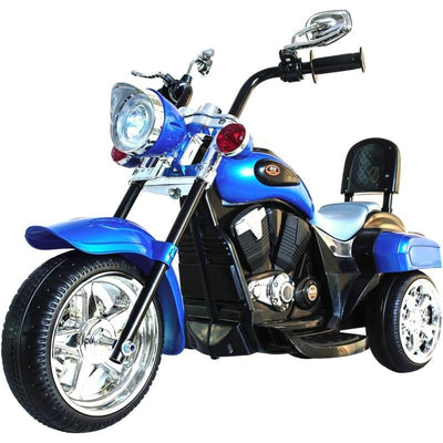 Chopper style ride-on trike in blue with chrome accents, featuring a large front wheel, handlebars, and a comfortable seat for children.