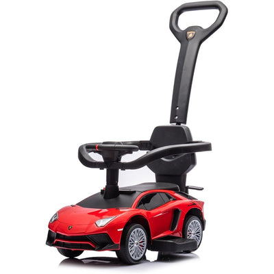 Red Lamborghini 3-in-1 ride-on toy for kids featuring a steering wheel, storage compartment, and a sleek design.