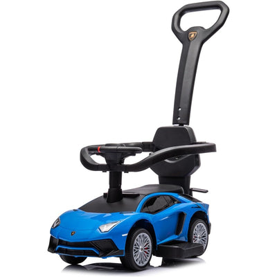 Blue Lamborghini 3-in-1 ride-on toy for kids featuring a steering wheel, push handle, and storage compartment.
