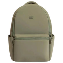 Sage green neoprene city backpack featuring a rounded top and dual zippered compartments.