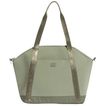 Sage green neoprene tote bag with metallic gold straps and a zippered top, ideal for daily use.